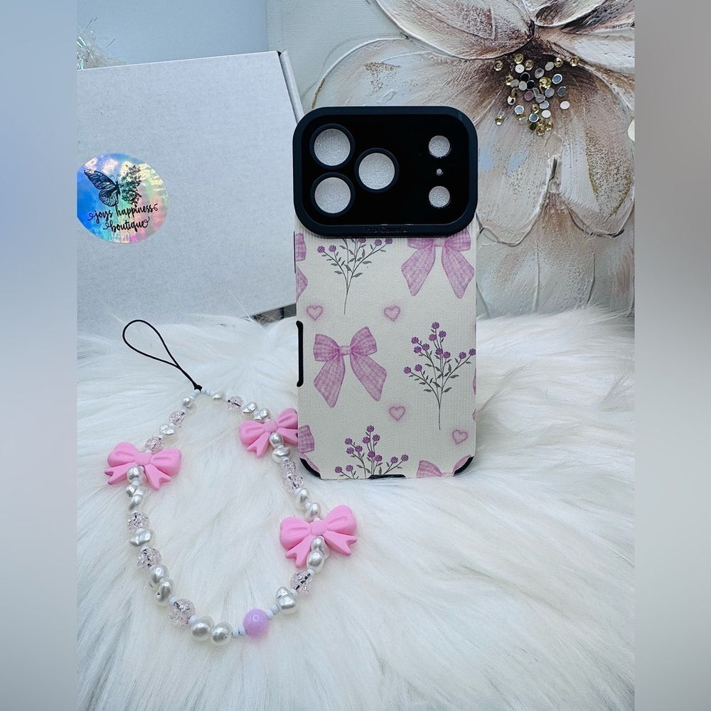 Chic Pink Bow iPhone 17 Pro Case with Phone Bow Beaded lanyard